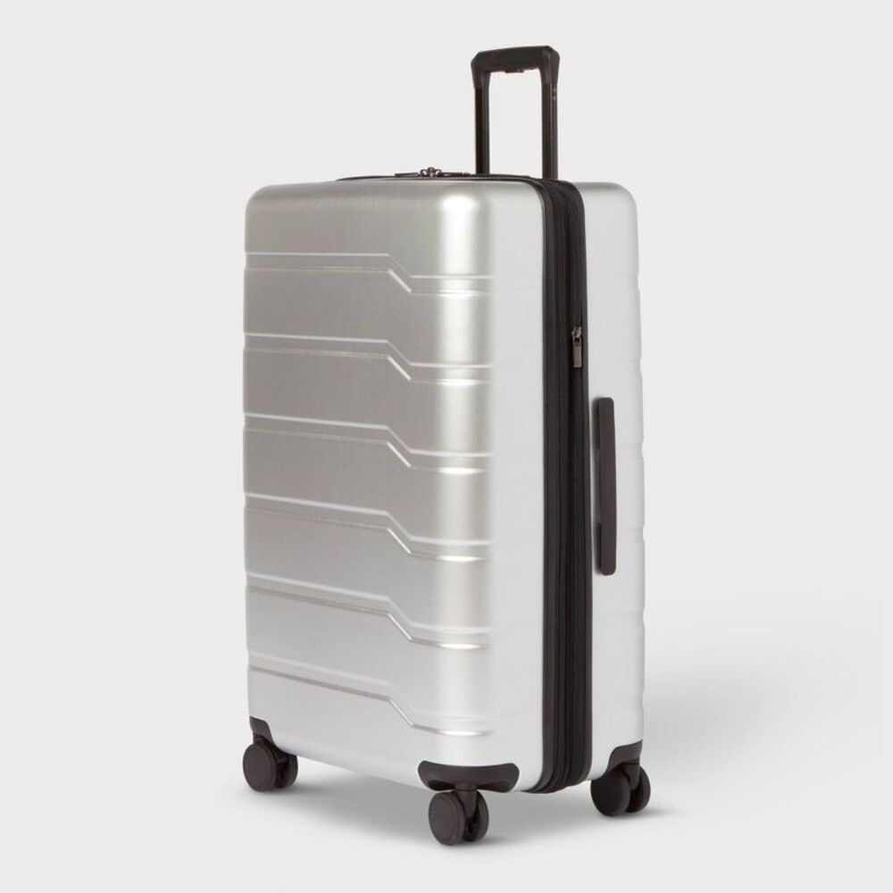Large Checked Hardside Suitcase - Open Story Silver